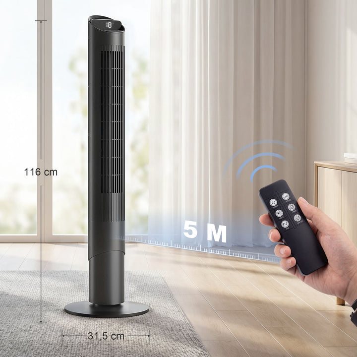 116 cm tårnventilator, standerventilator med fjernbetjening, WiFi-app-styring, 65° oscillation, 6 hastigheder, 4 tilstande