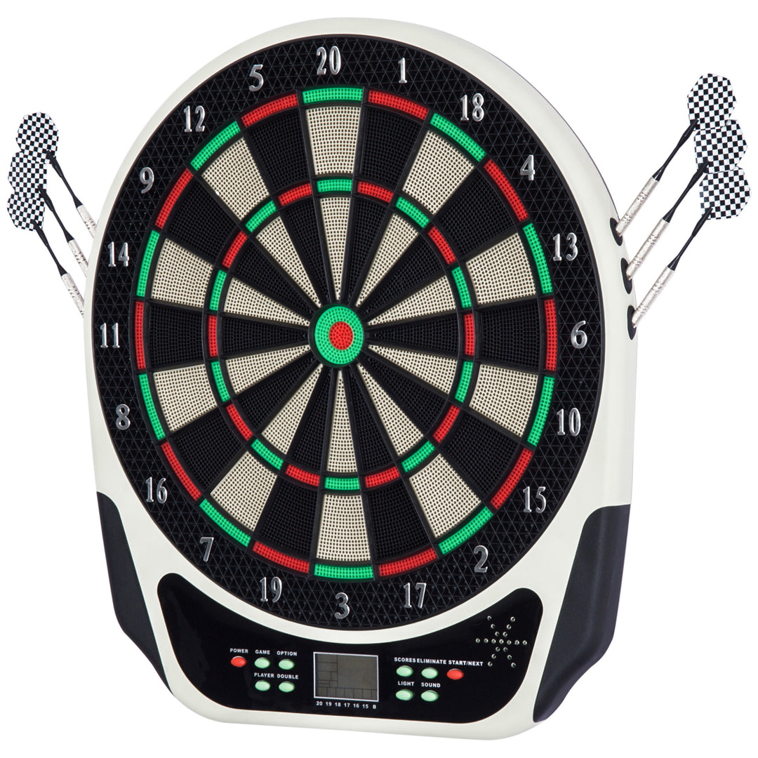 Elektronisk dartskive med stemmemeddelelser, LED-displays, 6 pile, 24 pilhoveder, 18 spil, 159 variationer, dartmaskine, dartskivesæt til op til 8 spillere
