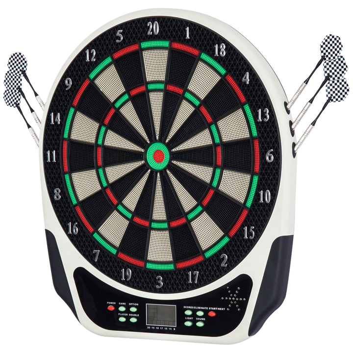 Elektronisk dartskive med stemmemeddelelser, LED-displays, 6 pile, 24 pilhoveder, 18 spil, 159 variationer, dartmaskine, dartskivesæt til op til 8 spillere