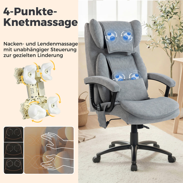 Ergonomisk massagekontorstol med 4 æltepunkter, executivestol med høj butterfly-ryglæn, bredt sæde, grå