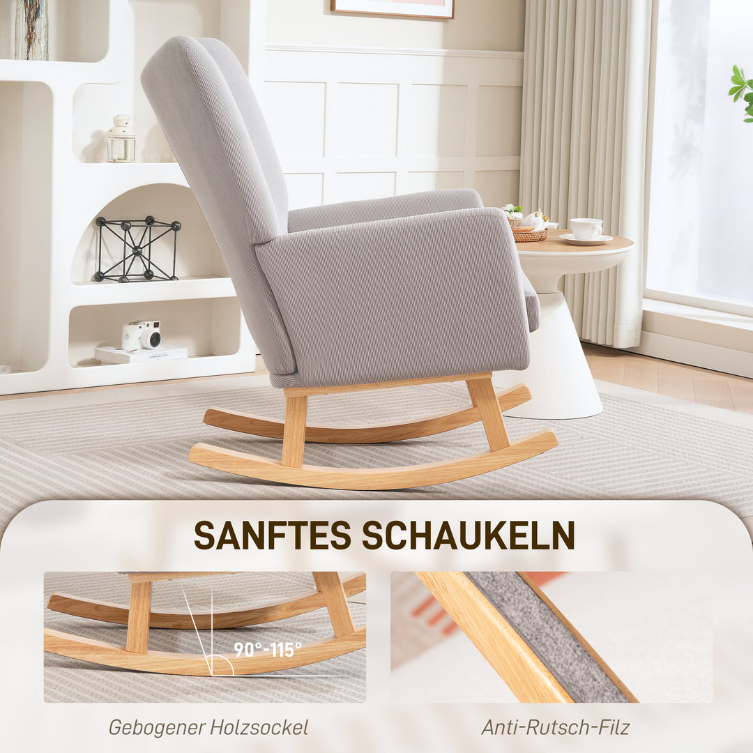 Retro gyngestol med fløjlsbetræk, gummitræ, skumfyld, høj ryg, polstret lænestol, lysegrå