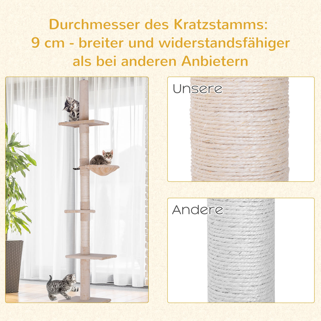 Kradsetræ med loftshøjde, robust kradsetræ med sisalstolper, klatretræ til katte, beige, 40 x 34 x 230-260 cm