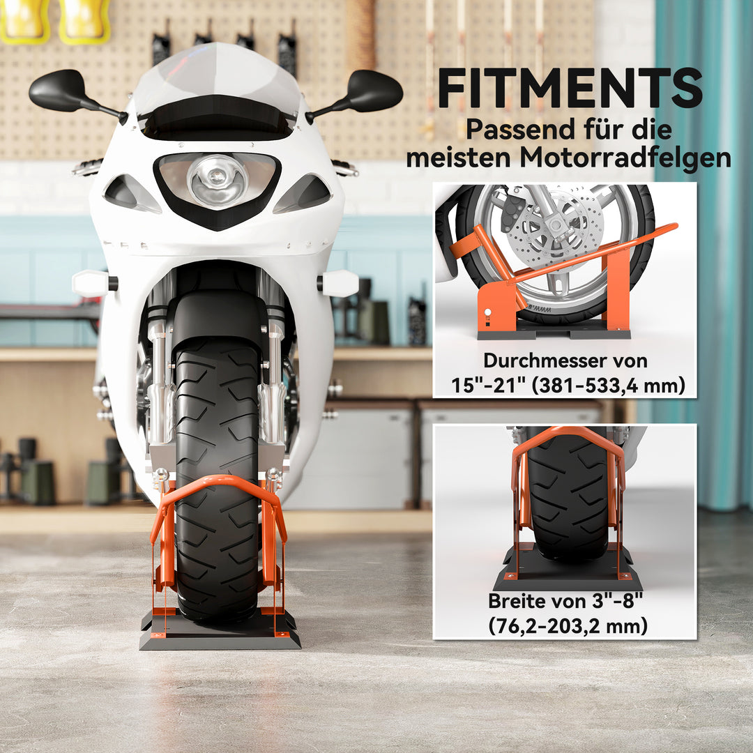 Motorcykelstativ til 15-21", 381-533,4 mm forhjul, justerbar motorcykelvippe, 816,5 kg lasteevne, orange