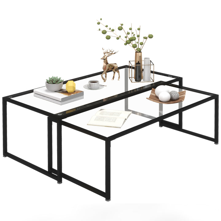 Sæt med 2 sofaborde, glasborde, med pulverlakeret stål, sort + transparent