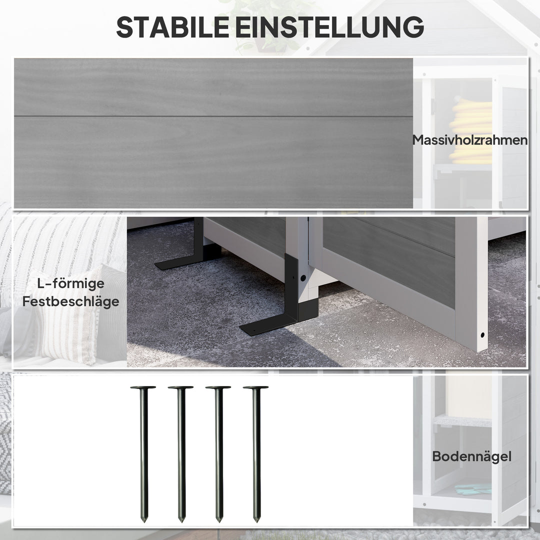 Haveskur med opbevaringsskab, justerbare hylder, aflåselige døre, vandtæt, grantræ, lysegrå