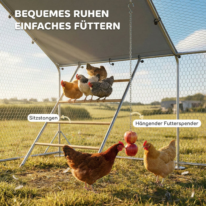 Hønsehus, fritgående indhegning til kyllinger, med UV-bestandig presenning, stålnet, automatisk foderautomat, til 12-18 kyllinger