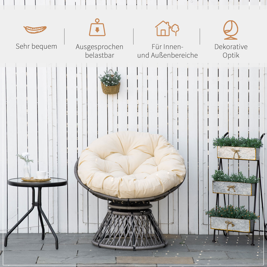 Papasan stol, kurvestol, sædehynde, syntetisk rattan, drejelig, metalstel, 87 x 97 x 86 cm, beige