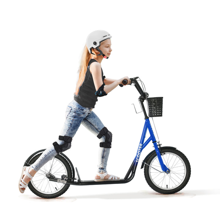 Børnescooter, løbehjul med bremse, inklusive kurv, højdejusterbar, til børn 5-12 år, blå+sort