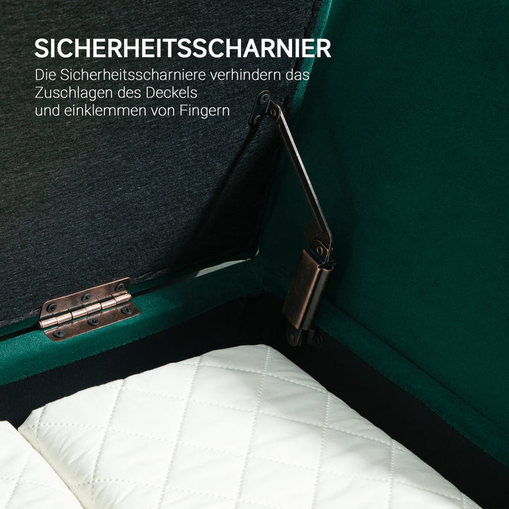 Polstret bænk med opbevaring, armlæn, fløjlspolyester, gummitræ, 107 x 42 x 65 cm, grøn