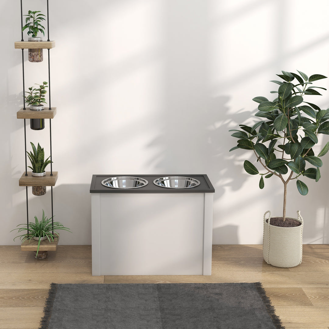 Foderstation hævede foderskåle 1 opbevaringsplads 2 foderskåle i rustfrit stål, 60 x 30 x 42 cm, hvid + grå
