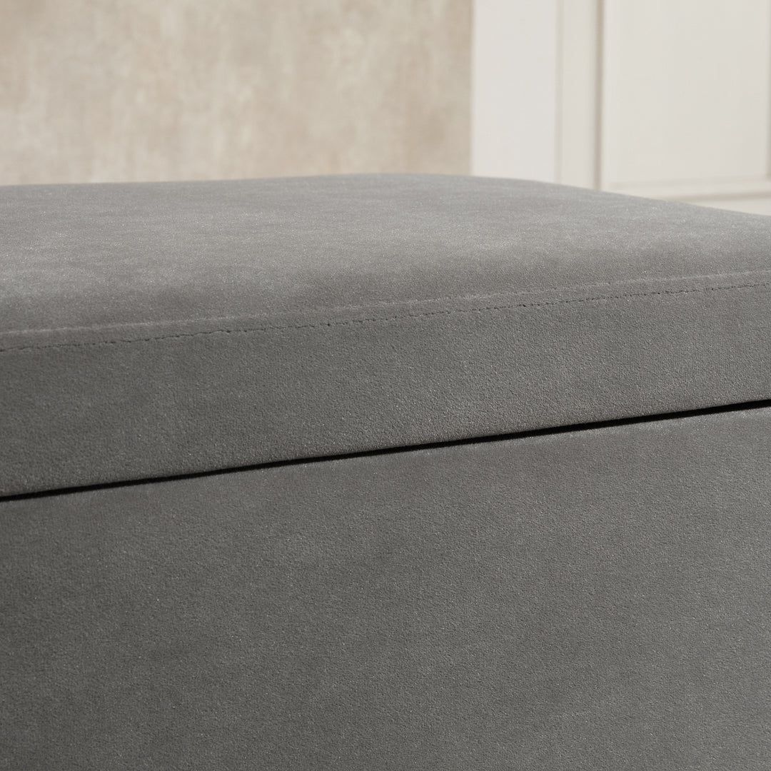 Bænk, polstret bænk med opbevaring, kommodebænk, metal, skum, gummitræ, antracitgrå, 110 x 43 x 45 cm