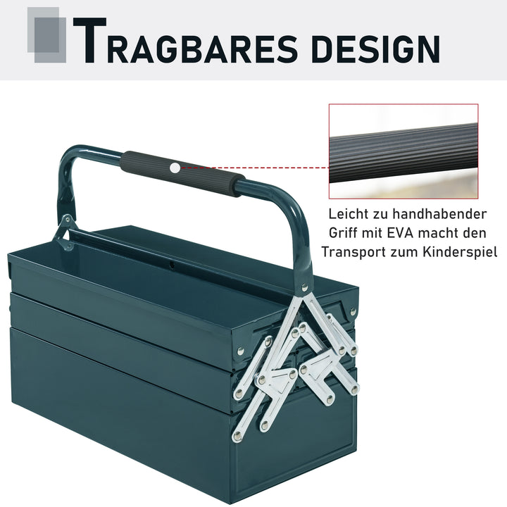 Værktøjskasse, monteringsværktøjskasse tom pladsbesparende med 5 rum foldbar robust stål (spcc) mørkegrøn 45 x 20 x 34,5 cm