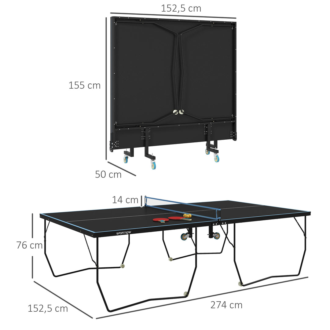 Bordtennisbord, foldbart, 8 hjul, pulverlakeret stålramme, mdf, 274 x 152,5 x 76 cm, sort