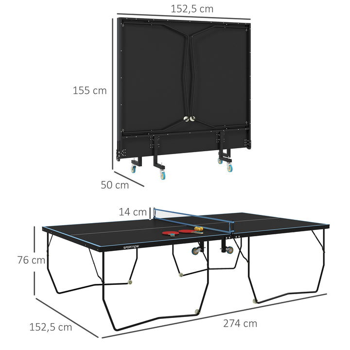 Bordtennisbord, foldbart, 8 hjul, pulverlakeret stålramme, mdf, 274 x 152,5 x 76 cm, sort