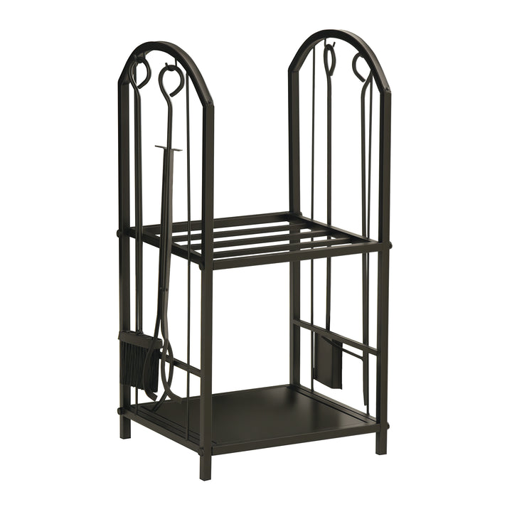 Brændestativ, brændestativ, brændestativ med 4 ekstra brændeværktøjer, pejsværktøj, 2-lags design, brændeopbevaring, pejsværktøj, metal, sort, 41,5 x 32,5 x 74,5 cm