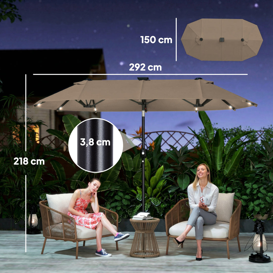 Dobbelt parasol 292 x 150 cm, parasol med LED-belysning, håndsving, vippefunktion, khaki