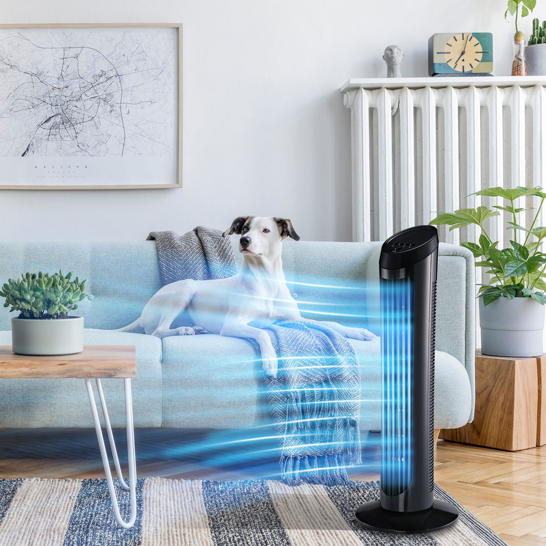 45W tårnventilator, stille design, 3 hastighedsindstillinger, 70° oscillation, ABS, sort, Ø27 x H75 cm