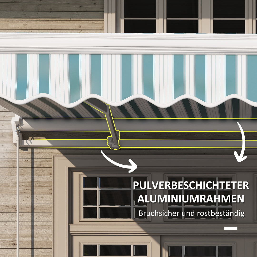 Markise, solsejl, udtrækkelig, med håndsving, metalramme, polyester, hvid+grøn, 3,95 x 2,45 m