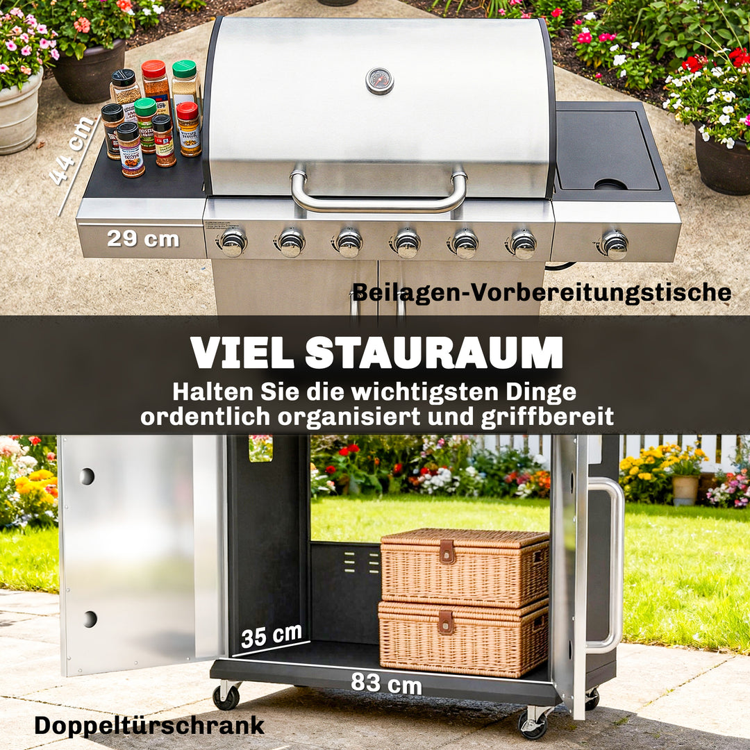 Gasgrill 18,6 KW 6+1 brænder BBQ grillvogn lavet af rustfrit stål inkl. hjul, termometer, varmerist, sidebord, underskab