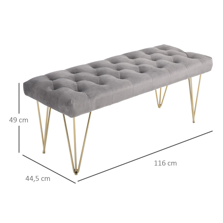 Bænk polstret bænk klaverbænk skobænk med fløjlslook sengebænk klaverbænk til soveværelse, stue, entré, metalgrå 116 x 44,5 x 49 cm