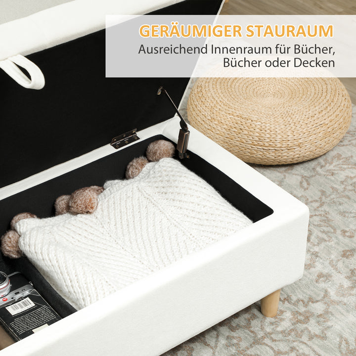 Polstret opbevaringsfodskammel med træben og blødt stofbetræk, cremehvid