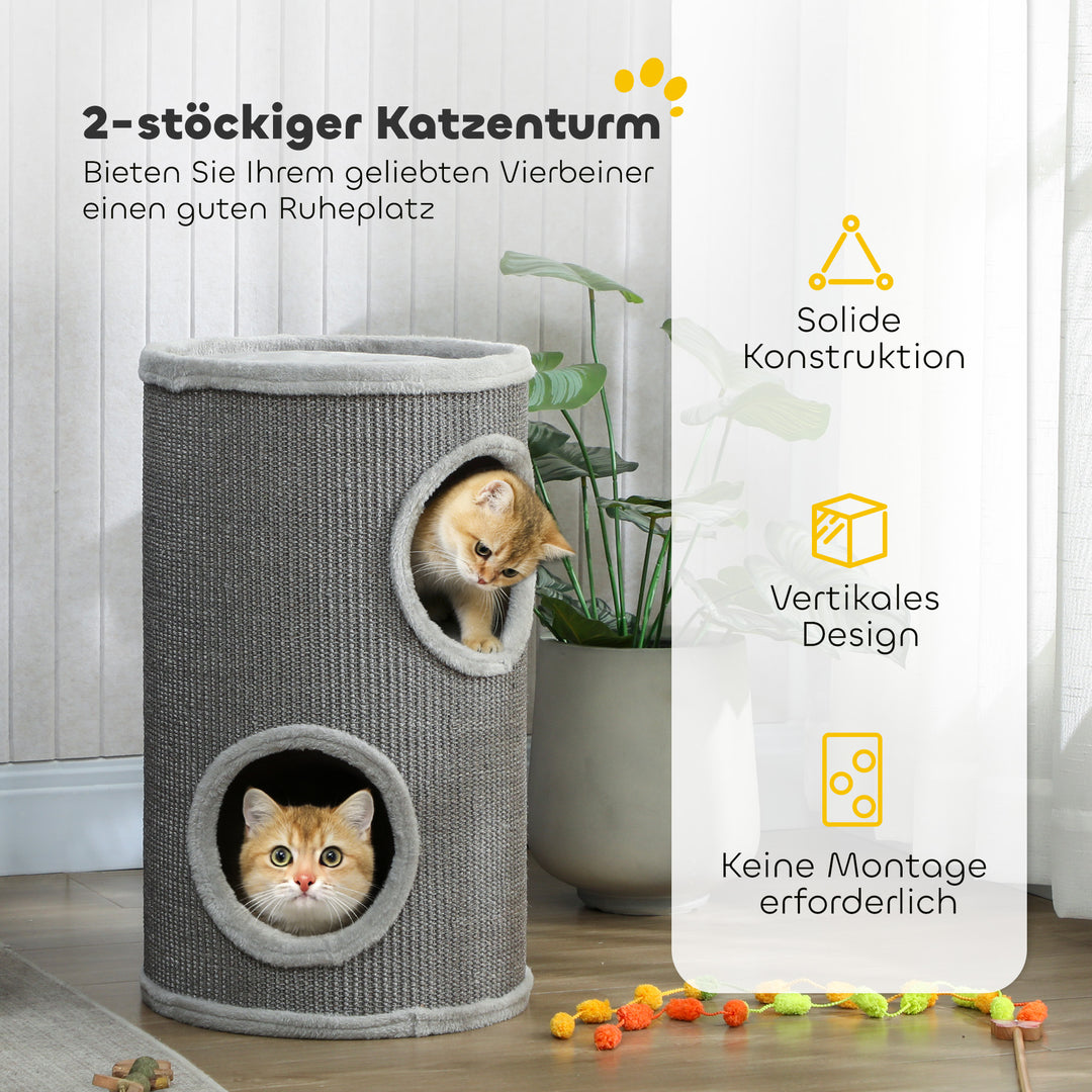 Kradsetønde, 60 cm høj, Ø 35 cm, toetagers kattetønde med 2 huler, plyskant, til 1-2 katte op til 5 kg, lysegrå