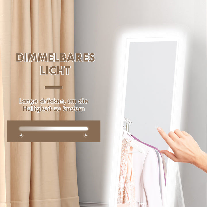 Helfigursspejl, 40x160 cm, led-belysning, touch-betjening, dæmpbar, 3 farver, hvid