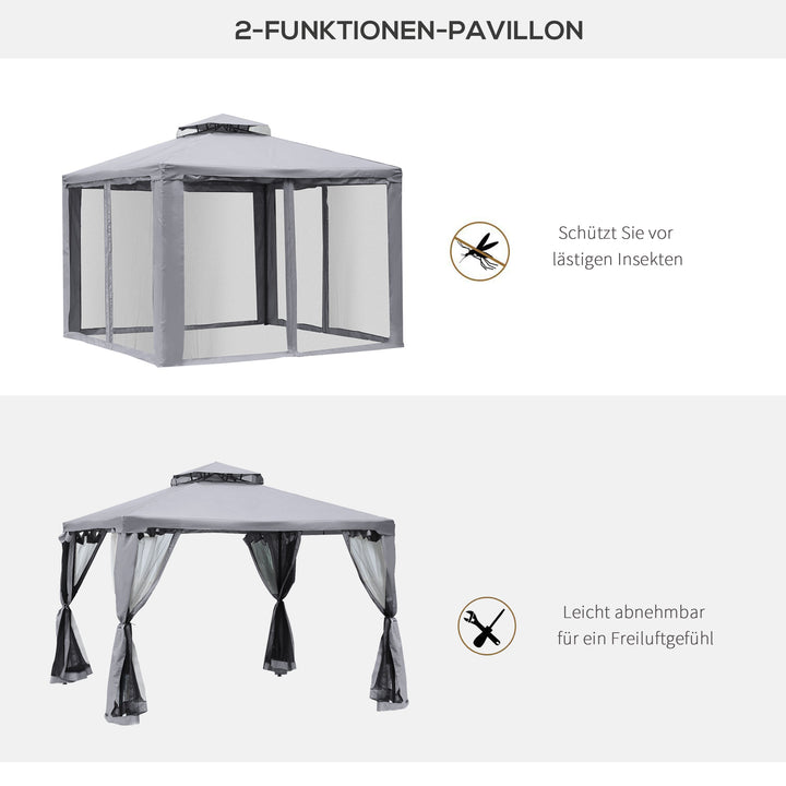 Dobbelttagspavillon, 3x3 m, vandtæt, robust, vintersikker, havepavillon med myggenet og sidepaneler, metal havepavillon til have og terrasse, lysegrå