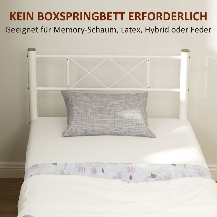 Enkeltsengestel med høj hovedgærde, nem montering, opbevaring under sengen, stål, hvid