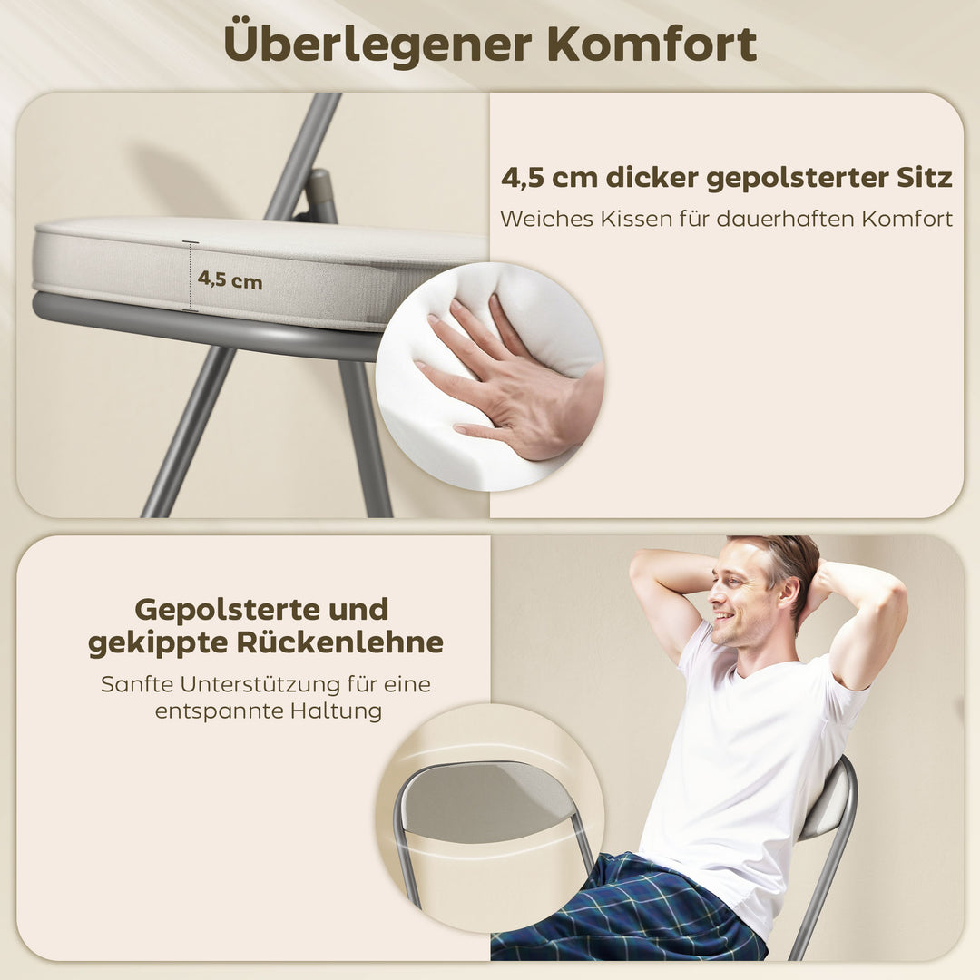 Sæt med 4 polstrede klapstole, klappelige stole med fløjlsbetræk, ryglæn, metalstel, cremehvid