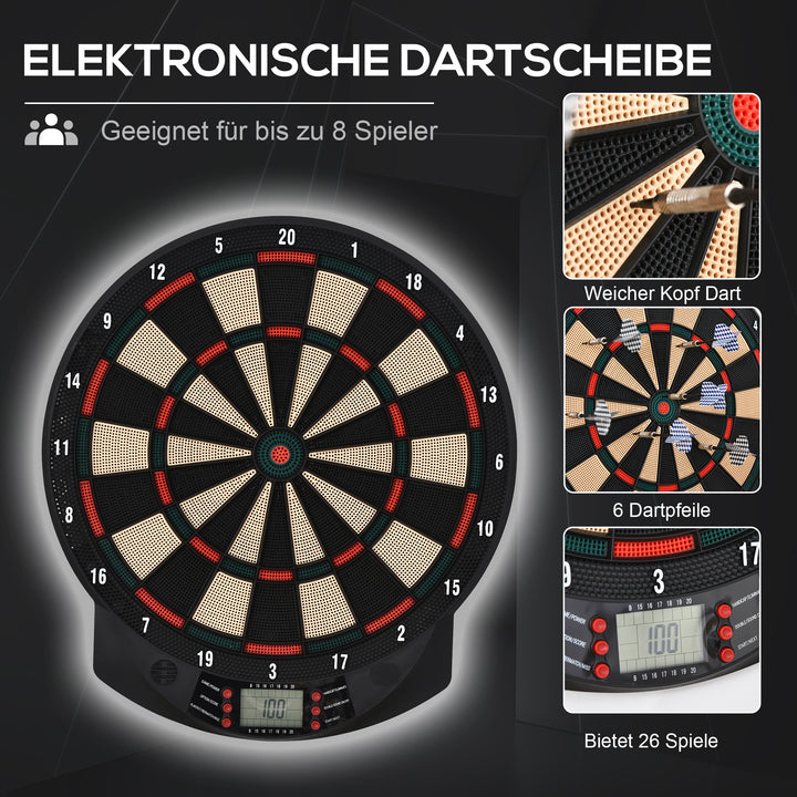 Elektronisk dartskive med automatisk scoring, dartsæt med 6 pile, 30 pilhoveder, 26 spil og 185 scoringsmuligheder til 8 spillere, lydeffekter, sort, 44 x 39,5 x 2,2 cm