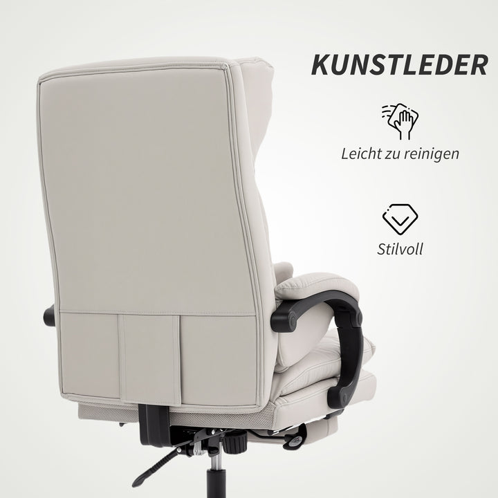 Kontorstol, højdejusterbar skrivebordsstol med lændestøtte, armlæn, fodstøtte, lavet af kunstlæder, lysegrå