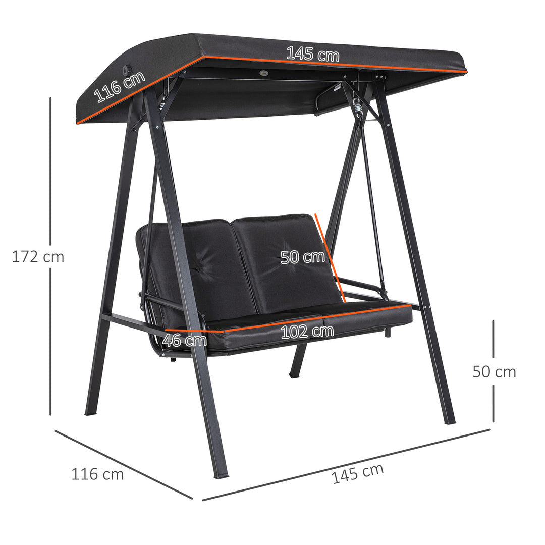 Hollywood gynge, 2-personers havegynge med justerbar baldakin, lasteevne op til 220 kg, 145 x 116 x 172 cm, sort