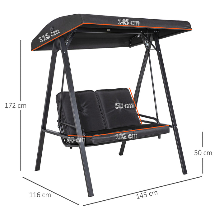 Hollywood gynge, 2-personers havegynge med justerbar baldakin, lasteevne op til 220 kg, 145 x 116 x 172 cm, sort