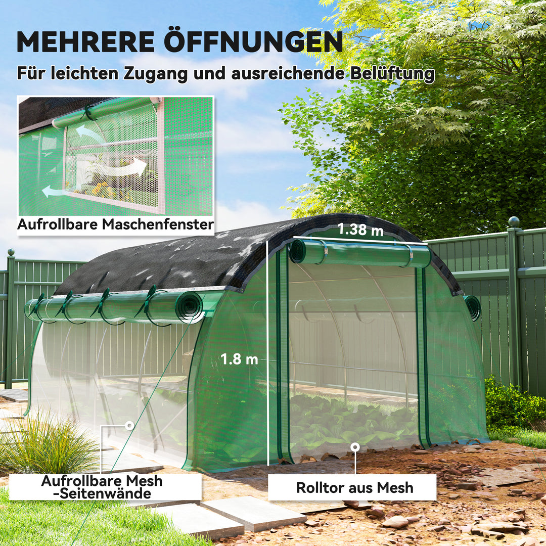 4 x 3 x 2 m polytunnel drivhus med solnet, rullelige sidevægge, plastikdæksel, stålramme, grøn