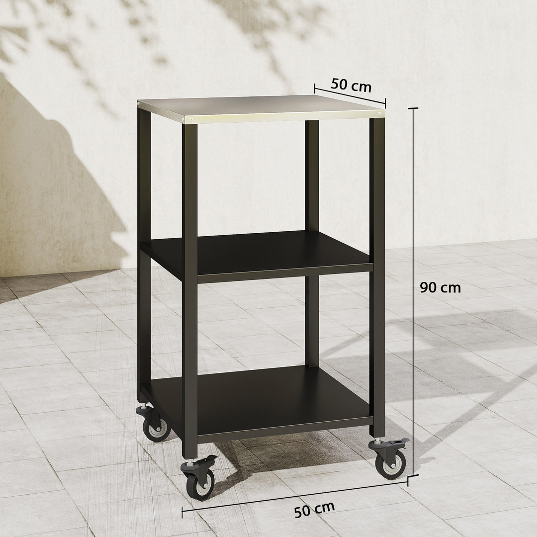 Grillvogn, 3-lags grillbord med arbejdsflade i rustfrit stål, hjul, mobil serveringsvogn, 50 x 50 x 90 cm, sort