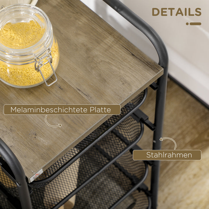 Rullevogn med 4 kurve, køkkenvogn, 4 hjul med 2 bremser, værktøjsvogn, sort, 41,5 x 31 x 66 cm