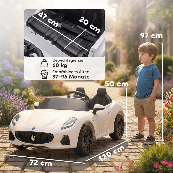 Maserati elbil til børn, 2-personers, 12V batteridrevet, fjernbetjening, LED-lys, musikfunktion, hvid