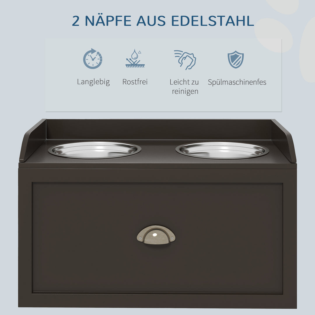 Hævet foderstation med 2 foderskåle, 2 skåle i rustfrit stål, 1 opbevaringsrum, 60 x 30 x 36 cm, brun