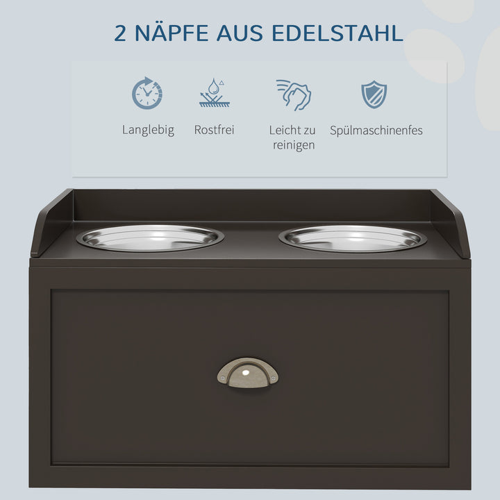 Hævet foderstation med 2 foderskåle, 2 skåle i rustfrit stål, 1 opbevaringsrum, 60 x 30 x 36 cm, brun