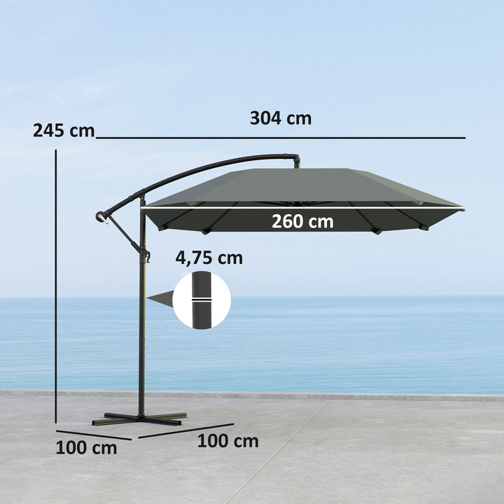 Aluminiums fritstående parasol, Ø 260 cm, vandtæt, håndsvingsbetjent parasol med stativ og håndsving, mørkegrå