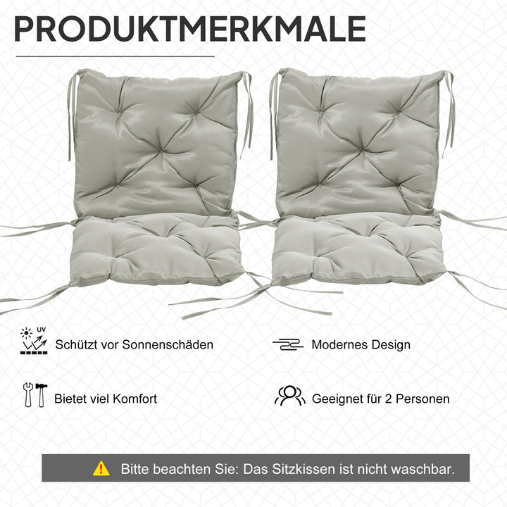 Sæt med 2 siddehynder, 98 x 50 cm stolehynder med bånd, stofbetræk, 8 cm tykke, lysegrå