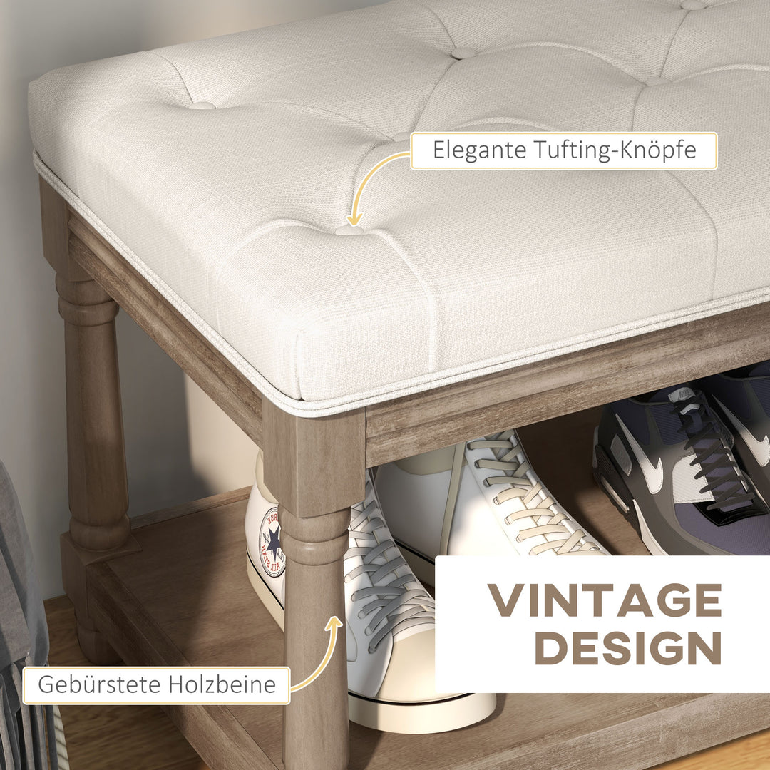 Bænk med opbevaring, vintage design, knapsøm, gummitræ, 115x40x48cm, cremehvid