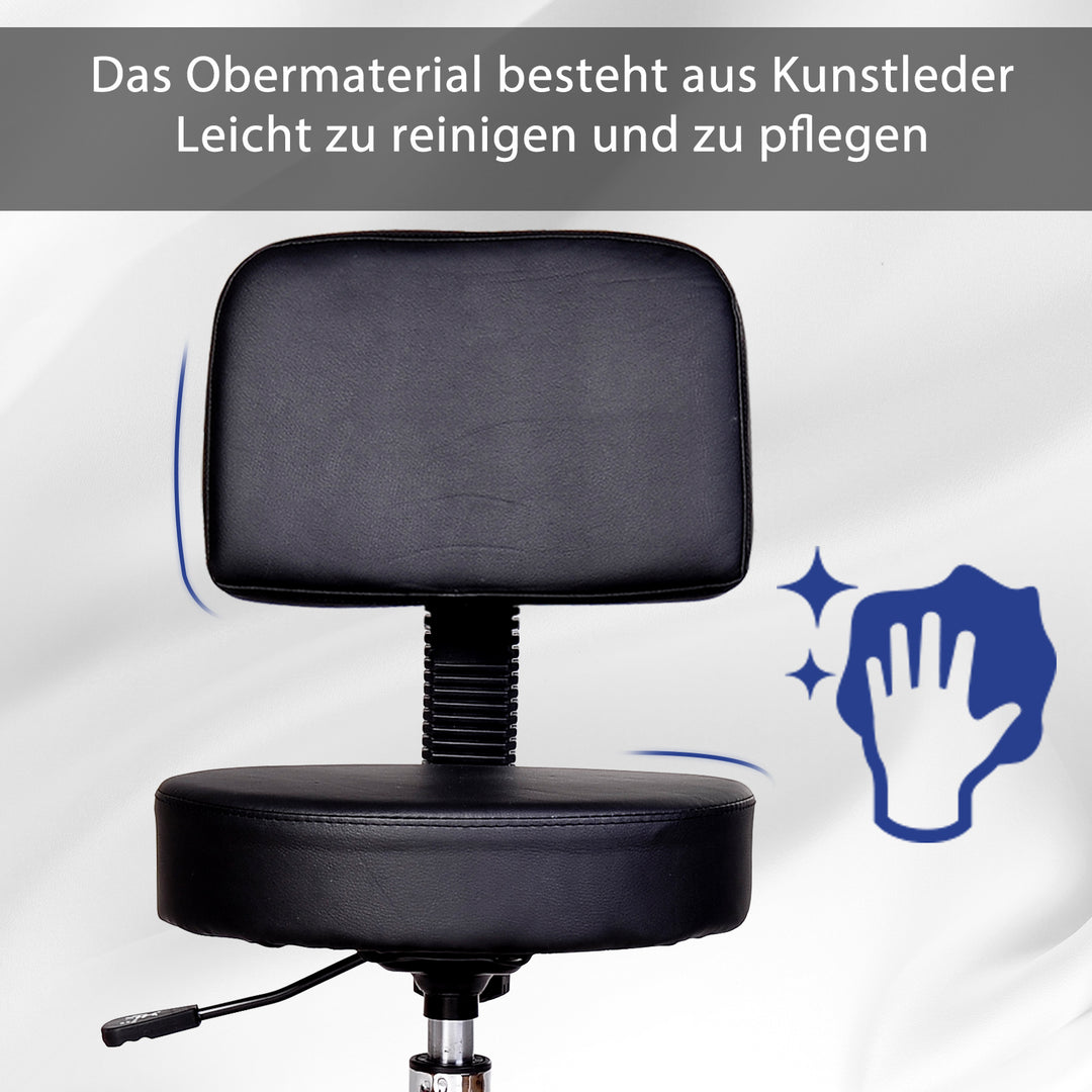 Højdejusterbar rulleskammel med ryglæn, drejeskammel 72-84 cm, 360° drejelig arbejdsskammel, kontorskammel til kontor, salon, massage, spa, sort