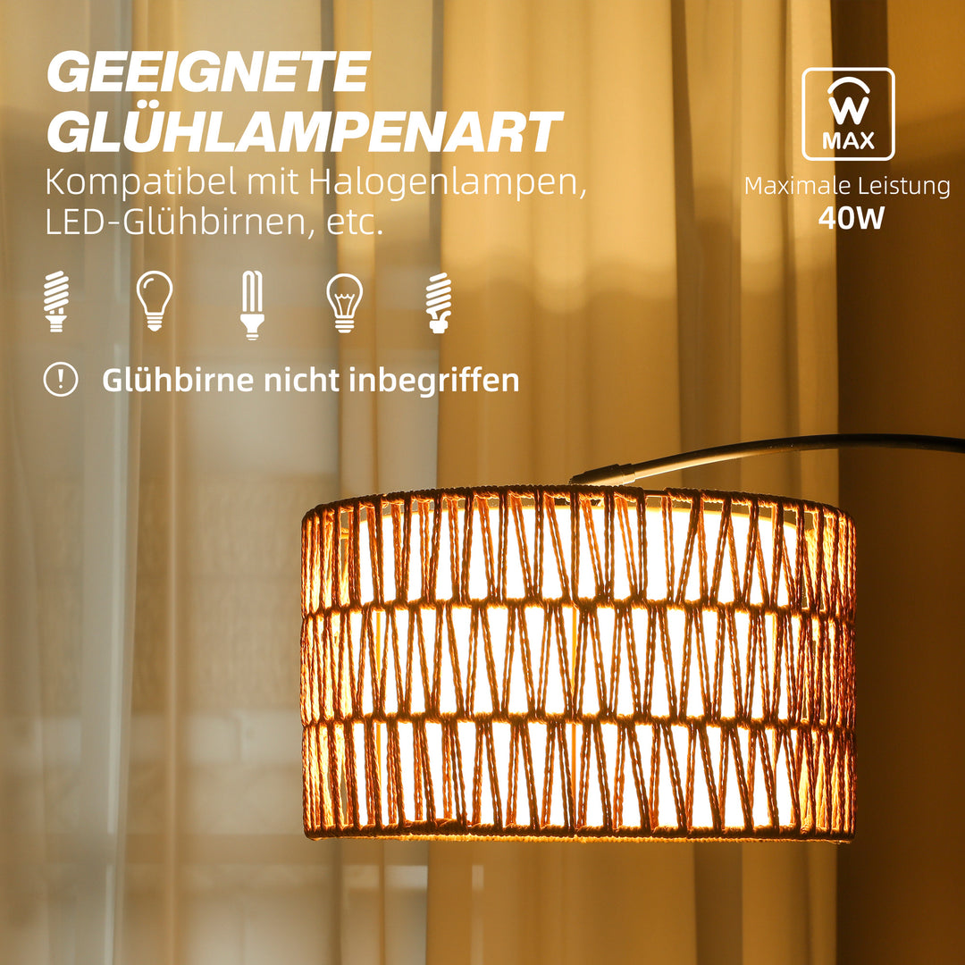 Gulvlampe med hamprebskærm, højdejusterbar, fodkontakt, metal, sort