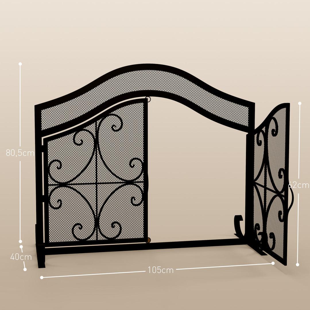 Gnistskærm til pejse, elegant mønster, dobbeltdør, magnetiske døre, sort, 105 x 40 x 80,5 cm
