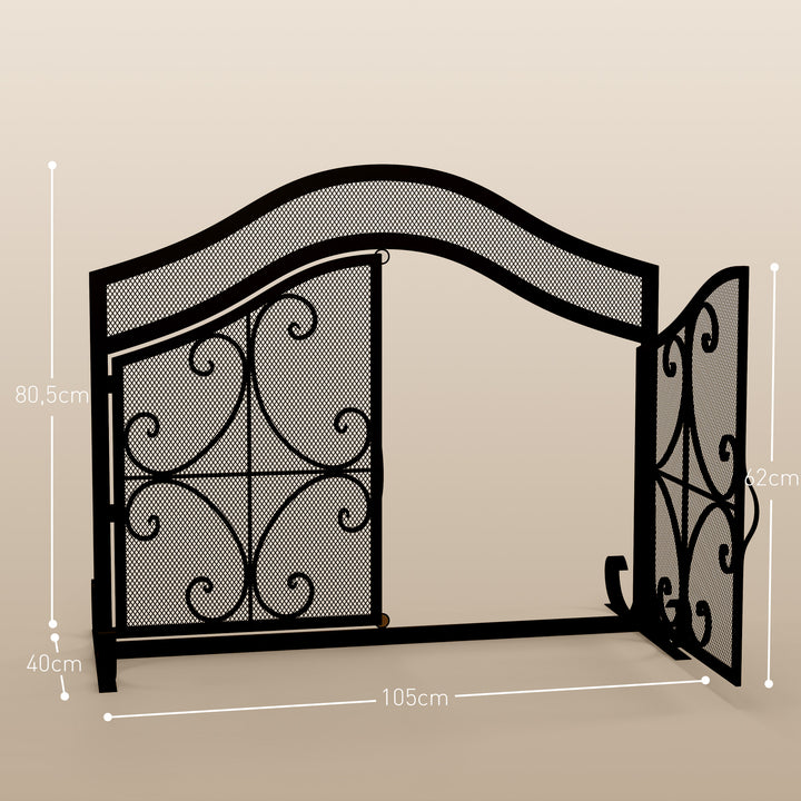 Gnistskærm til pejse, elegant mønster, dobbeltdør, magnetiske døre, sort, 105 x 40 x 80,5 cm