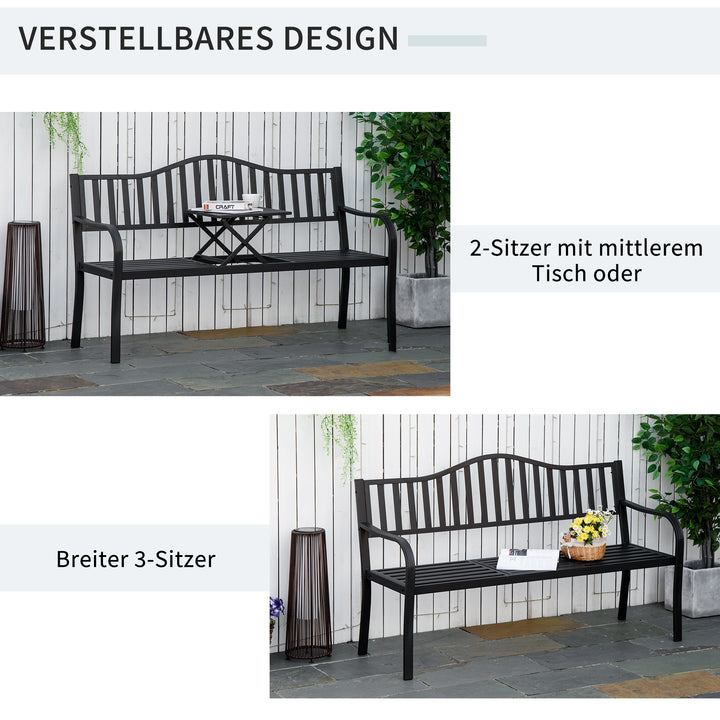 2-personers havebænk, robust parkbænk med udtrækkeligt bord, 240 kg lasteevne, terrassebænk med ryglæn og armlæn, havemøbler til terrasse, have, 150 x 58,5 x 90 cm, sort