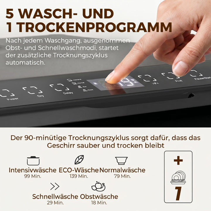 Bordopvaskemaskine med integreret 6-liters vandtank, 5 programmer, 4 kuverter, LED-display, sort