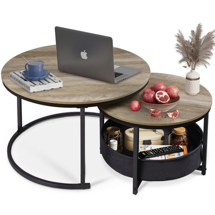 WLIVE rund dækkeservietsæt i to dele med moderne design og stofkurv, borddiameter 80 cm, velegnet til soveværelser og hjemmekontorer, grå eg